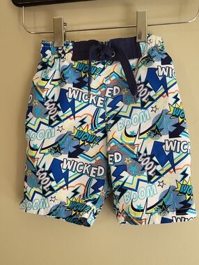 Comic style graphic mesh lined swim trunks